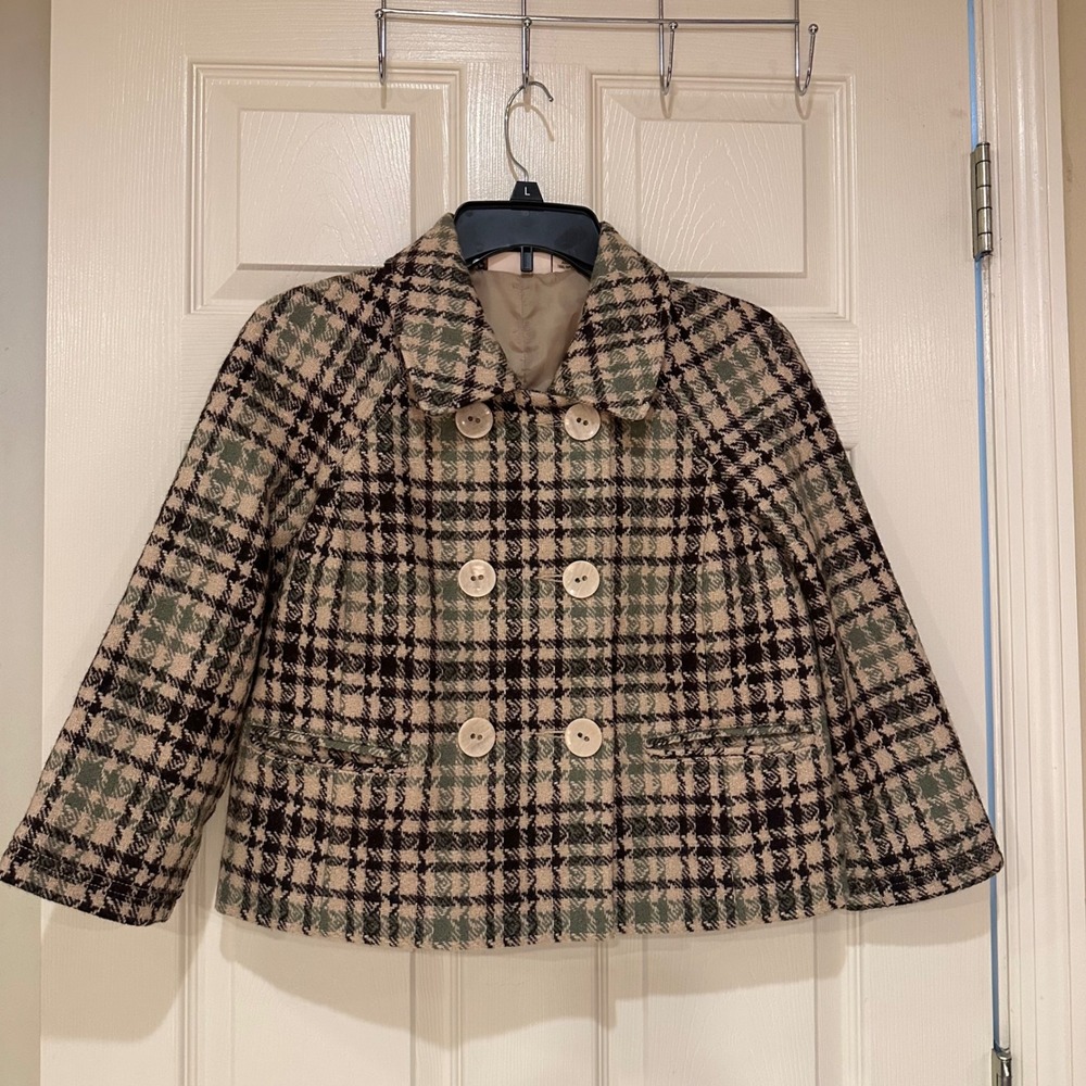 DKNY Jeans Petites Plaid Double Breasted Cropped Pea Coat Green Black Small